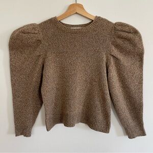Frame Denim Brown Cashmere Puff Sleeve Crewneck Sweater